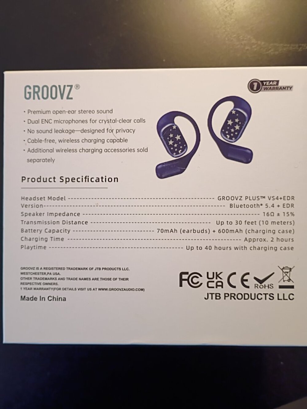Groovz Navy Stars Plus Open Ear True Wireless Headphones with Charging Case - Picture 6 of 7